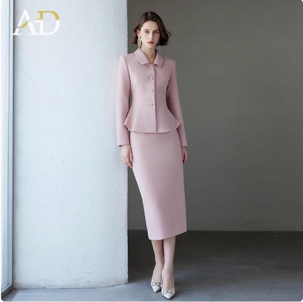 AD Korean Style Women's Stand-Up Collar Coat & Pink Wool Skirt Set, 2025 Winter Collection