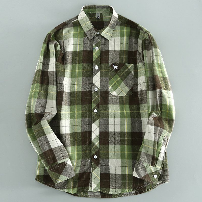 Big Brand Good Goods ~ Export Cut Label Tail Order Spring & Fall Leak-Picking Long Sleeves Gingham Shirt Men s Clothing Loose Brushed Shirt Fashion Green Grid XL