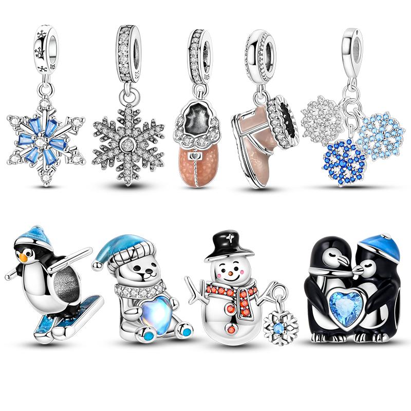 Original Copper Charms Beads Snowflake Snowman Penguin Snow Boots Dangle Fit Women Original Bangle Bracelet