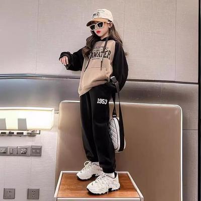 Bequemer Anzug für Frühling und Herbst für Mädchen, mittlere und große Kinder, Kapuzenpullover + Hose, zweiteiliges Set