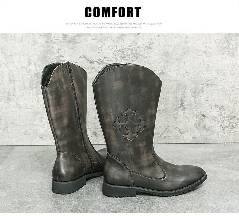 Bottes Western Cowboy en Cuir Mi-Mollet Style Européen & Américain pour Homme avec Fermeture Éclair