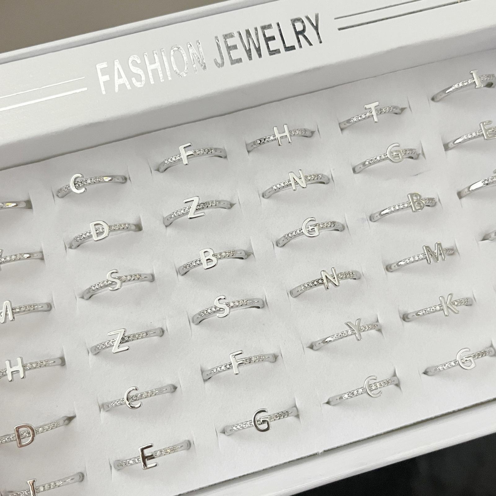 10Pcs Letter Open Ring - Simple Zirconia Adjustable Finger Ring - Retro Ring