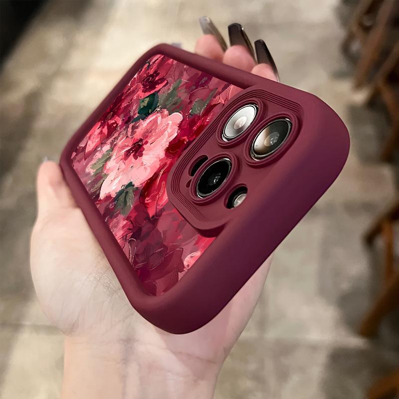 Rosa Blumenölmalerei Handyhülle, Kompatibel mit Apple 13, 15, 16 Pro Max, Sturzfest, Weiches Silikon, Mattes Finish.