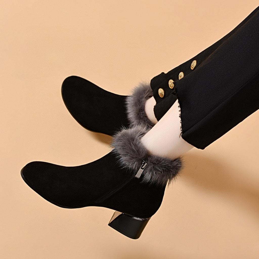 Short Boots Women's Autumn and Winter Personalized Fashion Boots Mink Wool Sheepskin Black Leather Boots Two Height Women's Boots