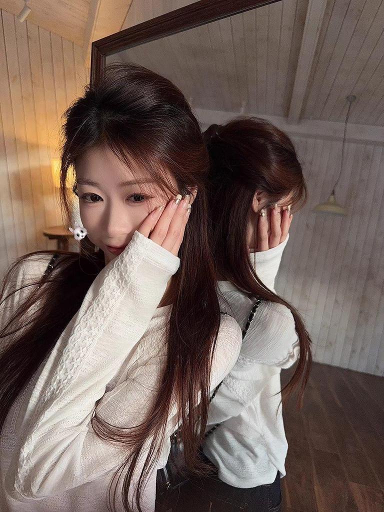 Women's White Lace Patchwork Sailboat Embroidered Long Sleeve T-shirt - Korean Style Early Autumn Versatile Top