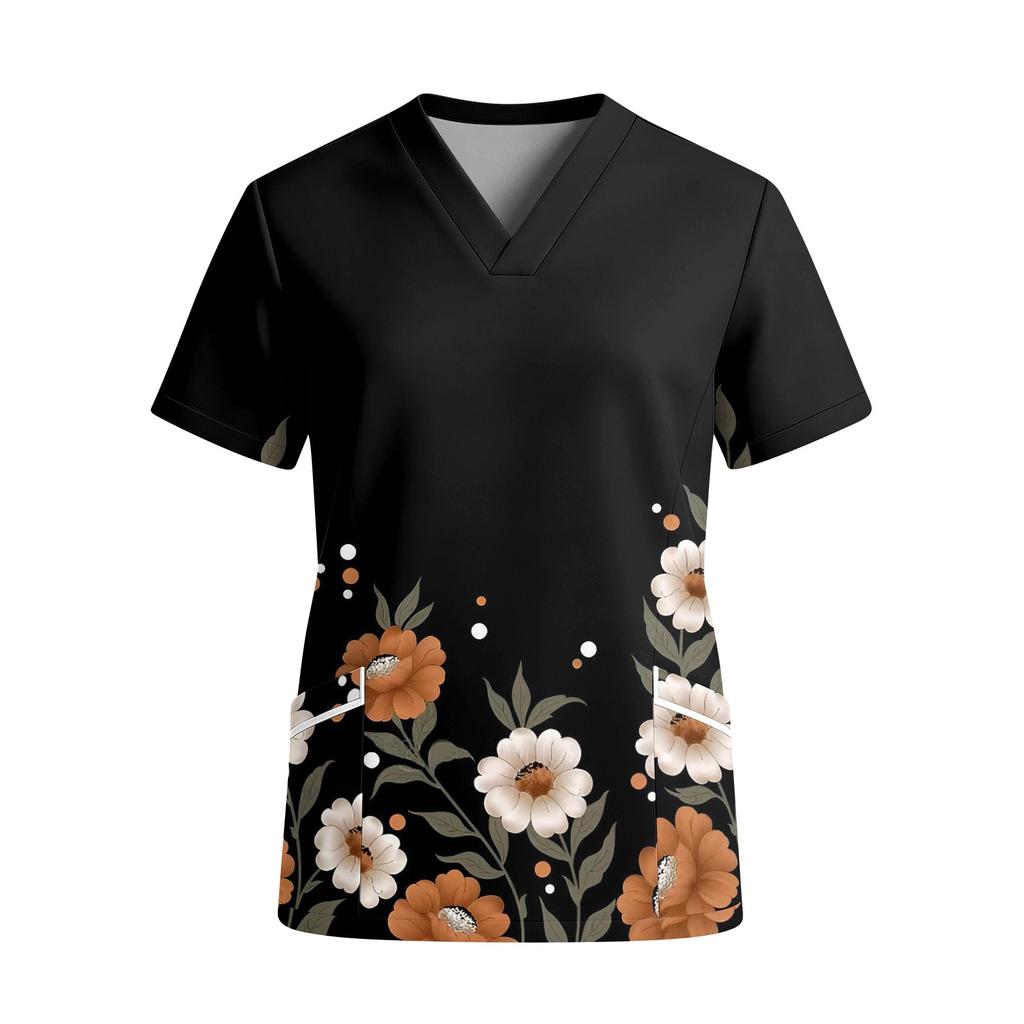 Women’s V Neck Short Sleeve Printed Work Top with Pockets Cute Animal and Heart Pattern Comfortable Fit Scrub Shirt