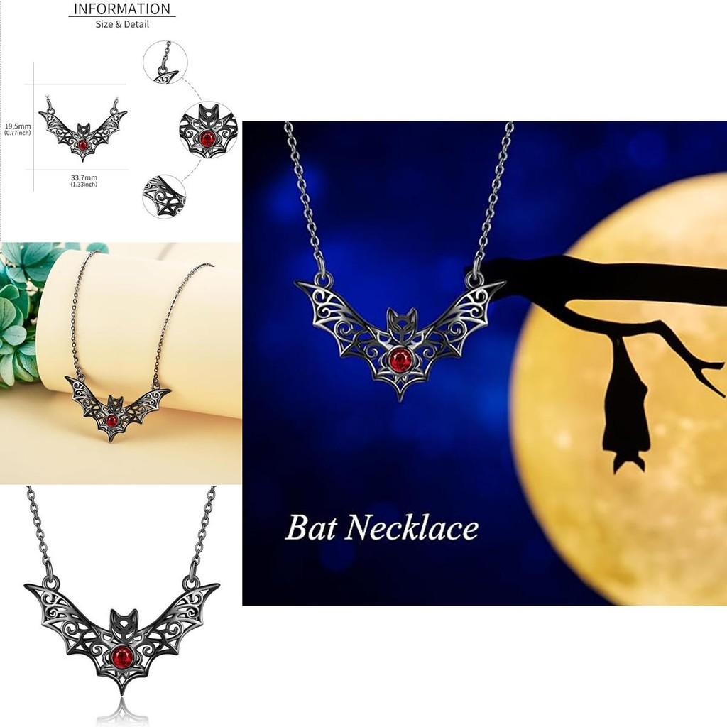 Gothic Bat Pendant Necklace With Faux Ruby Cutouts And Alloy Material For Halloween Costume Accessories