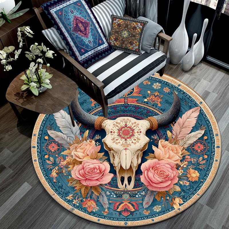Bohemian Buffalo Skull Round Area Rug,Carpet Rug for Living Room Bedroom Sofa Playroom Decor,Non-slip Floor Mat