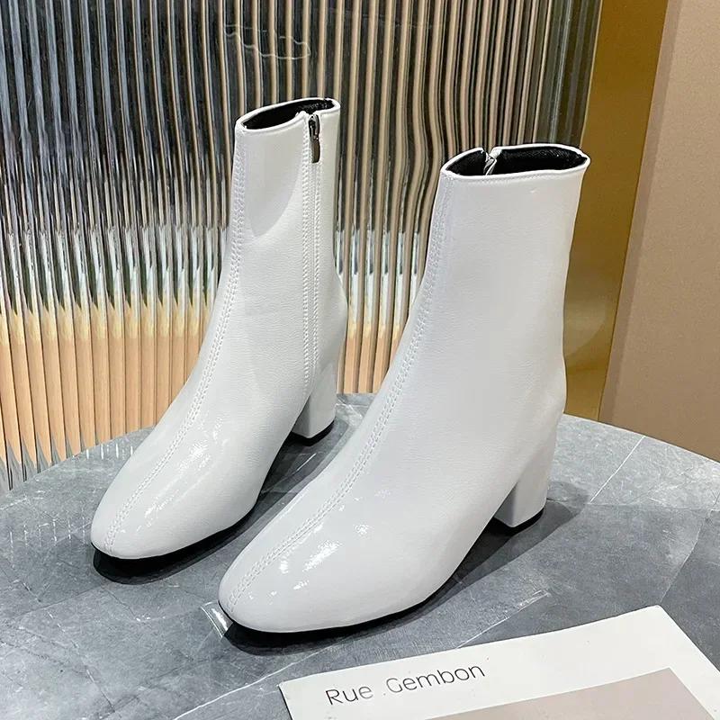 Lær middels hæl korte støvler for kvinner PU myke ankelstøvler Sideglidelås Komfortabel kontor Damesko Firkantet Dame Båter