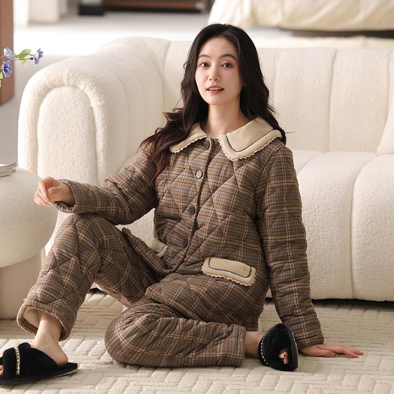 

Winter Woven Pure Cotton Padded Pajamas Women S Winter Velvet Thickened Padded Jacket Warm Loungewear Set 2XL