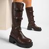 NEW  Autumn platform cowhide Riding boots Pull-on Chunky heels Belt buckle Knee high boots Large size Women's Boots