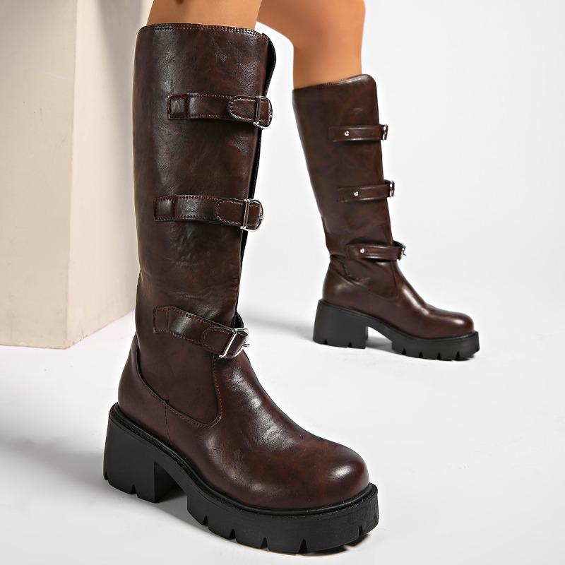 NEW  Autumn platform cowhide Riding boots Pull-on Chunky heels Belt buckle Knee high boots Large size Women's Boots