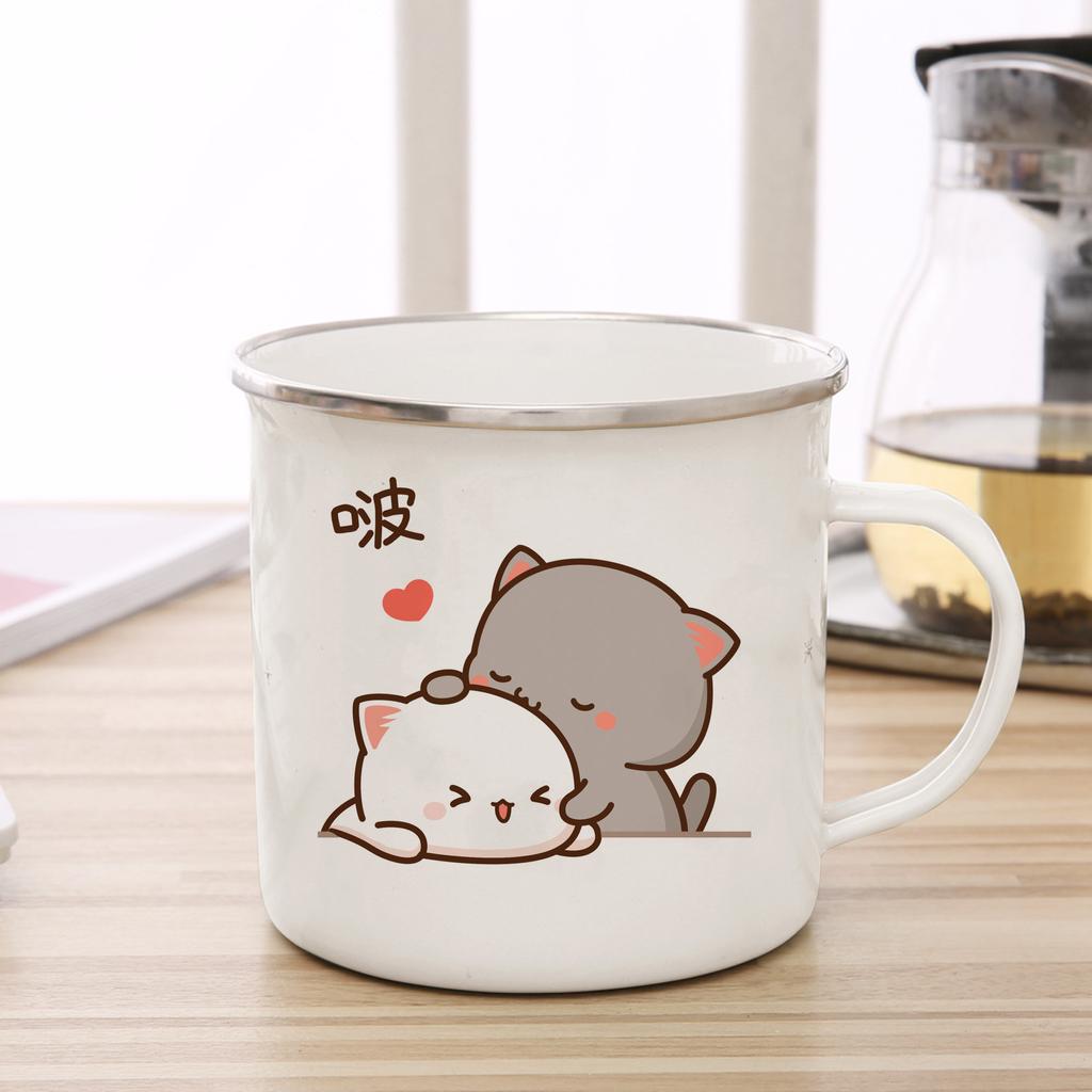 New Peach and Goma Cat Enamel Coffee Tea Cup Cute Animal Breakfast Dessert Milk Water Cup Couple Gift Original Breakfast Cups