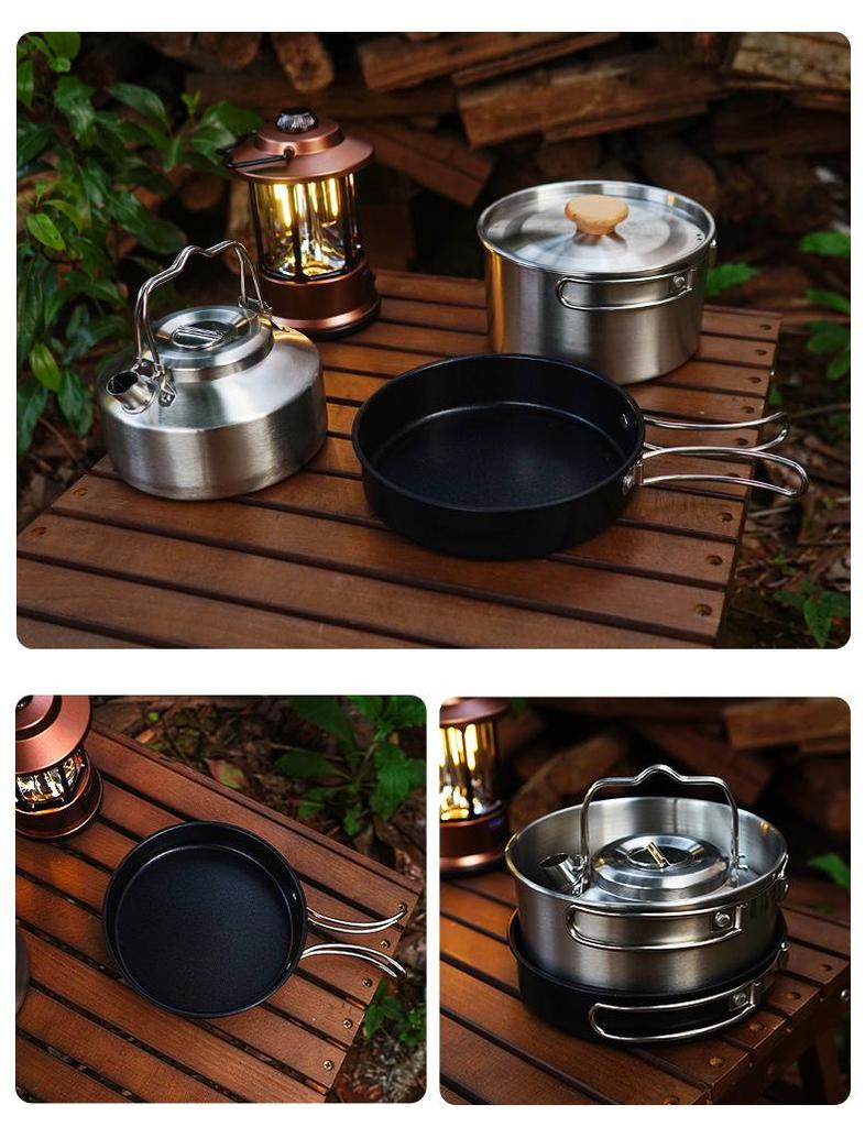 CLS Outdoor 4-teiliges Camping-Kochgeschirrset aus Edelstahl mit Antihaft-Bratpfanne und Suppentopf.