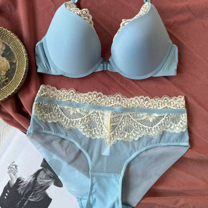 

Французское сексуальное женское нижнее белье с передней застежкой, красивое кружевное бра с открытой спиной, маленькая грудь выглядит большой, собирающее, предотвращающее обвисание нижнее белье XXL небесно-голубой