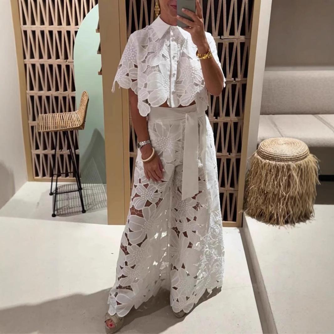 

Женские комплекты однотонная рубашка с полым кружевом брюки повседневный пакет из 2 предметов XXXL белый