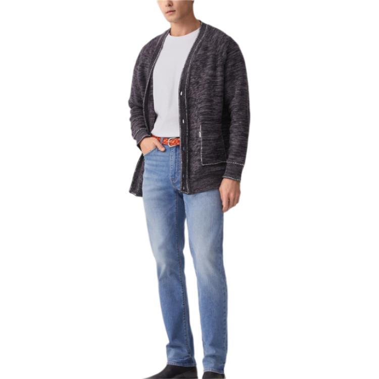 Levis Simple Comfortable Versatile Warm Embroidered Knitted V-Neck Long Sleeve Sweater Men Sweater Black 003TI-0000