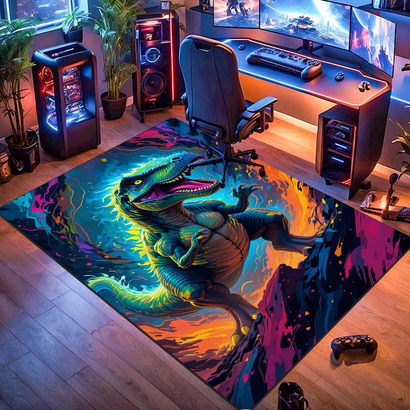 Neon Colorful T‑Rex Dinosaur Print Area Rug Non‑Slip Rectangular Floor Mat Prehistoric Beast Decor Rug for Gaming Room Bedroom Living Room