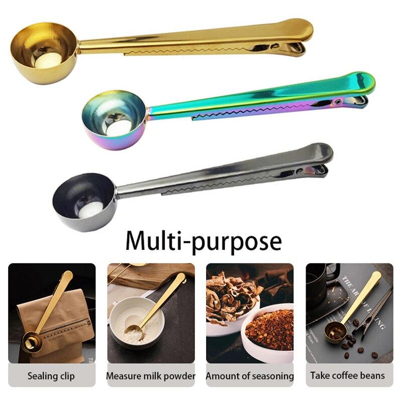 Two-in-one Stainless Steel Coffee Spoon Sealing Clip Kitchen Gold Accessories Recipient Cafe Expresso Cucharilla Decoration