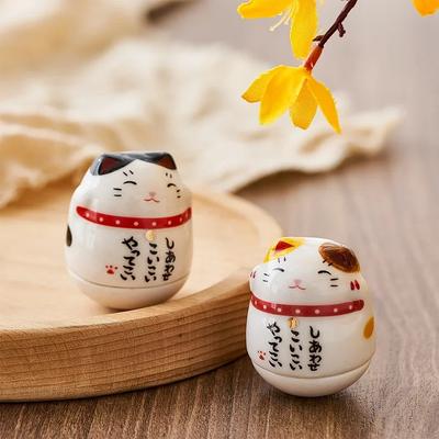 Creative Cartoon Handcrafts Ceramic Cat Tumbler Feng Shui Desktop Ornament Fortune Cat Statuette Room Decoration Accessories