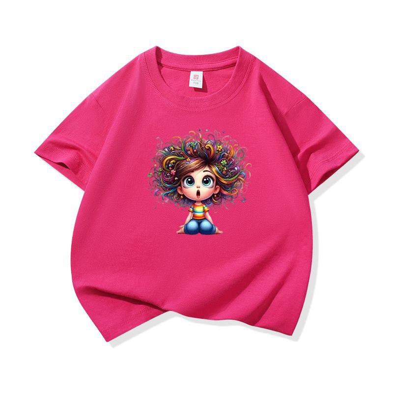 Kids Cotton T Shirt Sitting Girl With Colorful Hair Print Crew Neck Short Sleeve Tee Casual Boys Girls Summer Tops