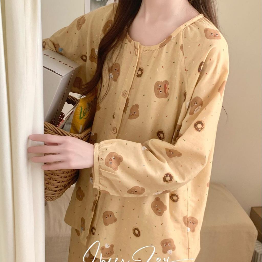 1011 New gauze round neck Japanese pajamas women's long-sleeved trousers sweet princess style loungewear two-piece set