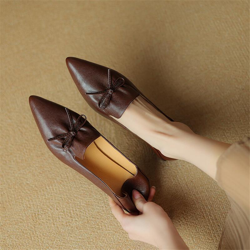 Fashion New Spring Genuine Leather Women Shoes French Retro Pointed Toe Women Pumps Bow Loafers Shoes for Women Low Heel Ladies Shoes