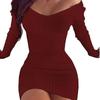 Autumn and Winter Women's V Neck Long Sleeves Slim Thin Hip Dress Warm Sweater