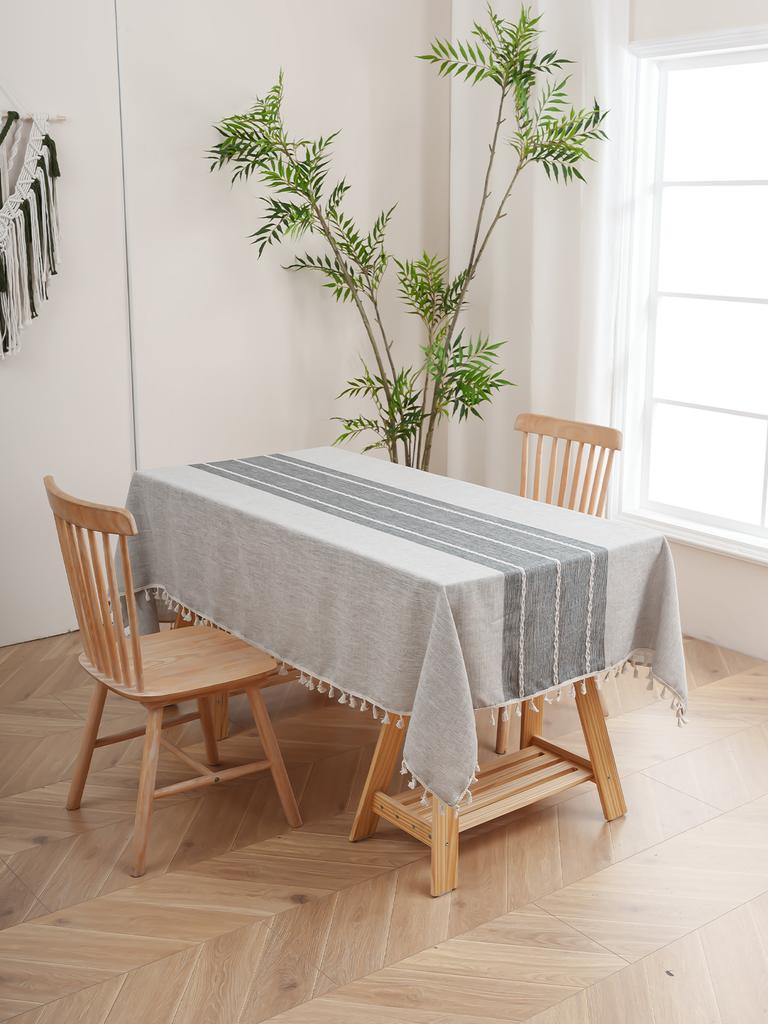 Graue und weiße gestreifte Hängequasten-Tischdecke für Wohnzimmer, Schlafzimmer, einfarbige Esstischdekoration, rutschfest