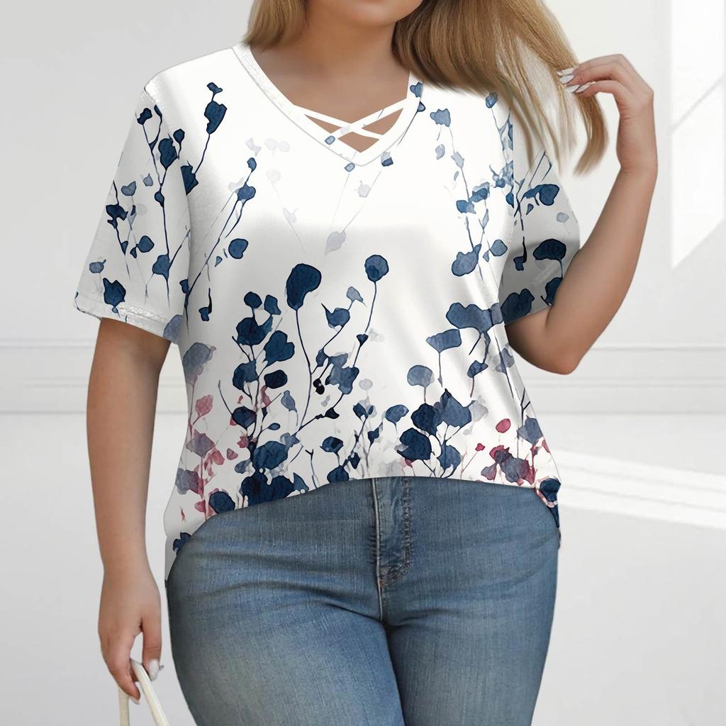 Women's Fashion Casual Solid Colour Stripe Printed V-Neck Short Sleeve Large Size T-Shirt Top