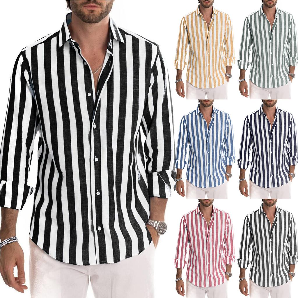 Men's Long Sleeves Flip Collar Stripes Loose Shirt