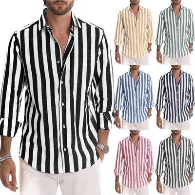 Men's   Long   Sleeves   Flip  Collar  Stripes  Loose  Shirt