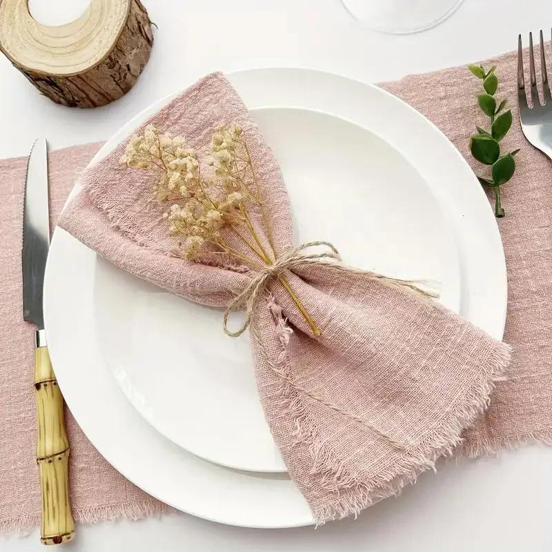 10Pcs 32x32cm Handmade Cloth Napkins with Fringe, Delicate Rustic Decorative Table Napkins for Wedding/Dinner/Party