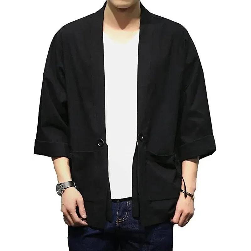 Men Fashion Cotton Blend Linen Cardigan Samurai Embroidered Kimono Jacket