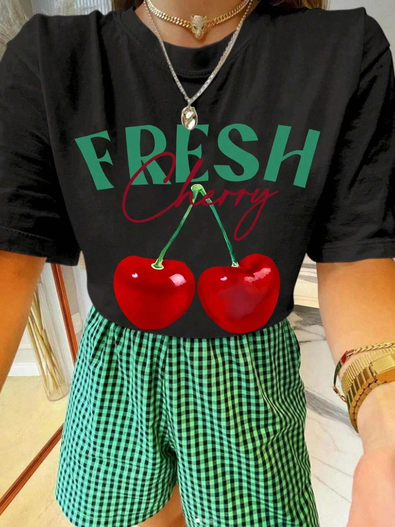 

Creative Tshirts with Fresh Cherry Fruit Print for Women Hip Hop Summer Tshirt Comfortable Casual Women Summer Clothing 4XL