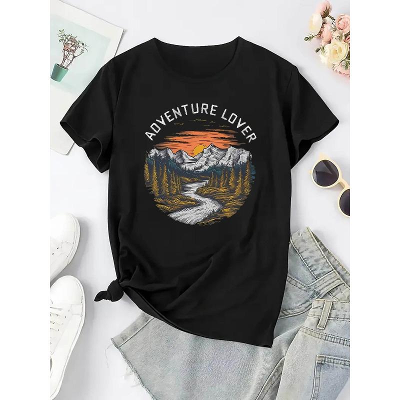 European sizes Women's Short-Sleeve T-Shirt with Mountain Terrain Print - Casual Round Neck Summer Top Suitable for, Travel & Casual Attire