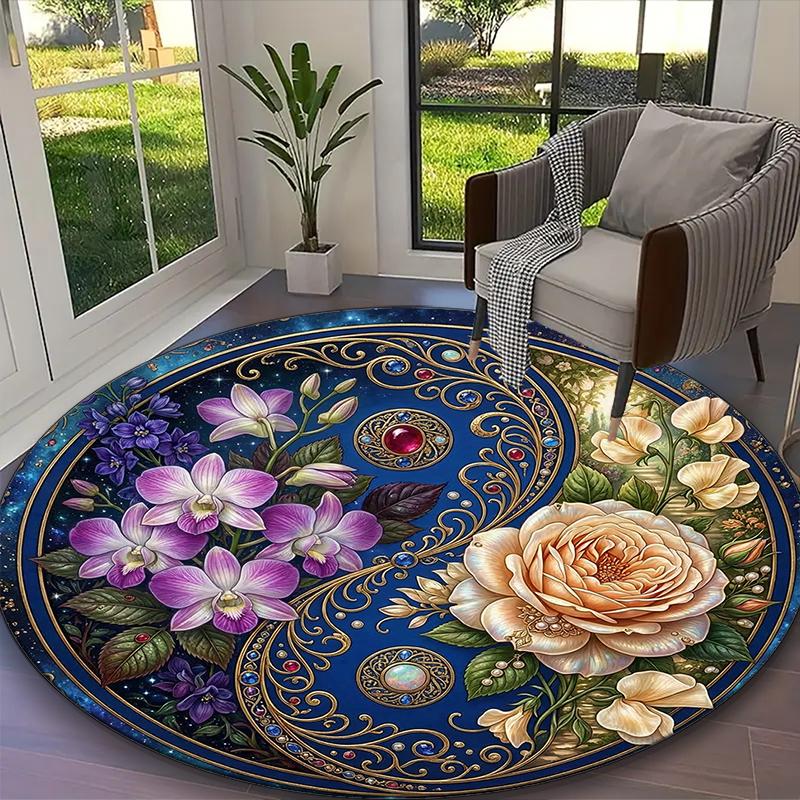 1pc Blue Balance Cherry Blossom Rug, Digital Printed Home Chair Sofa Mat, Durable Office Round Carpet, Beautiful Festival Decorations