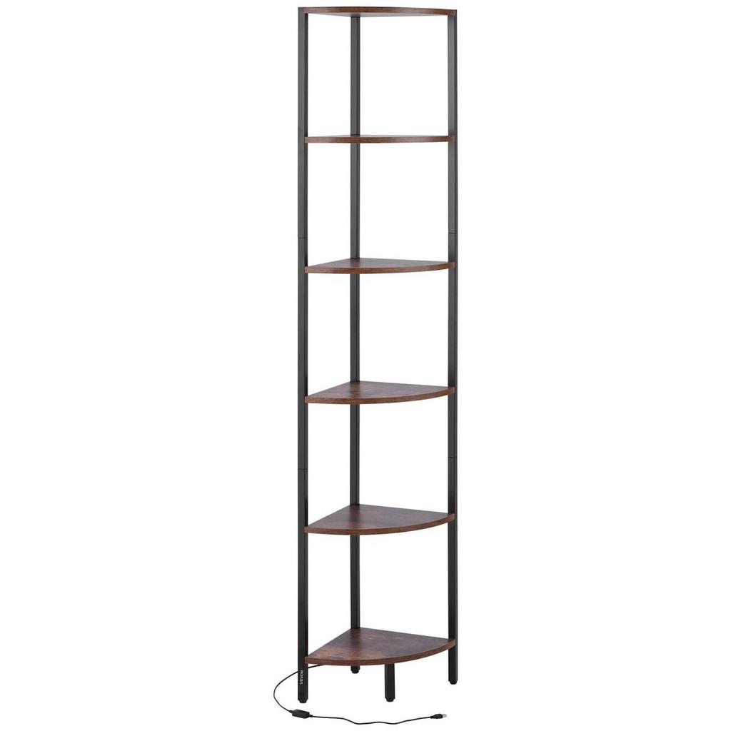 6 Tier Corner Shelf, Tall Corner Stand with LED Light, Wall Shelves Tower Storage Organizer with Metal Frame & Wooden Shelves, Narrow Display Book