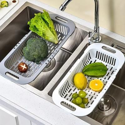 Adjustable Over Sink Colander Strainer - Uncharged Plastic Multi-Use Kitchen Prep Gadget for Fruits & Vegetables