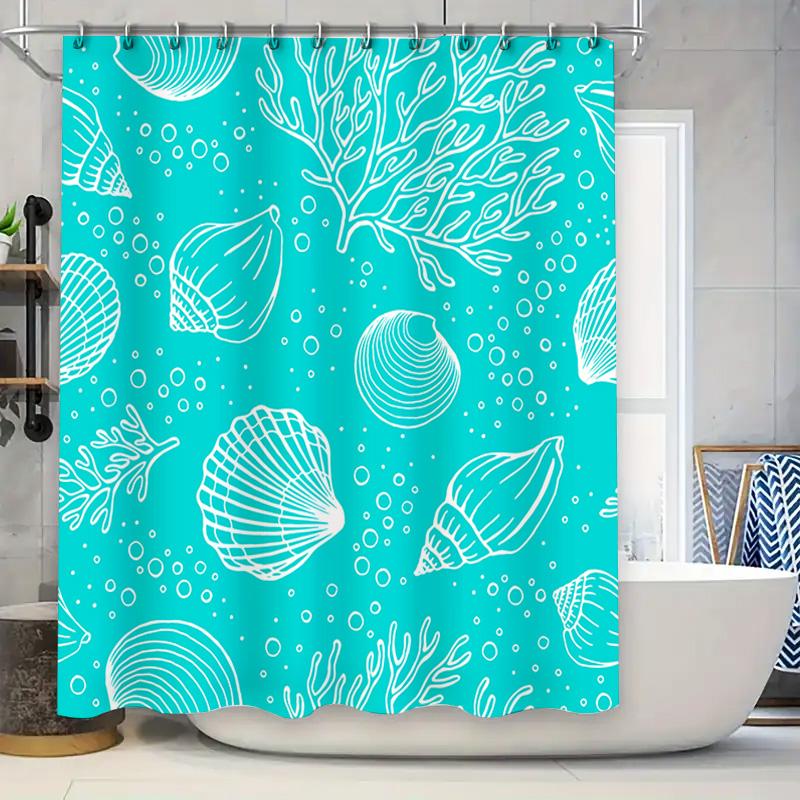 Seashell Coral Pattern Shower Curtain Fabric Waterproof Bathroom Decor Accessories Blue White Set Size CustomizableCustomizable W60H190(CM)-1 Pcs