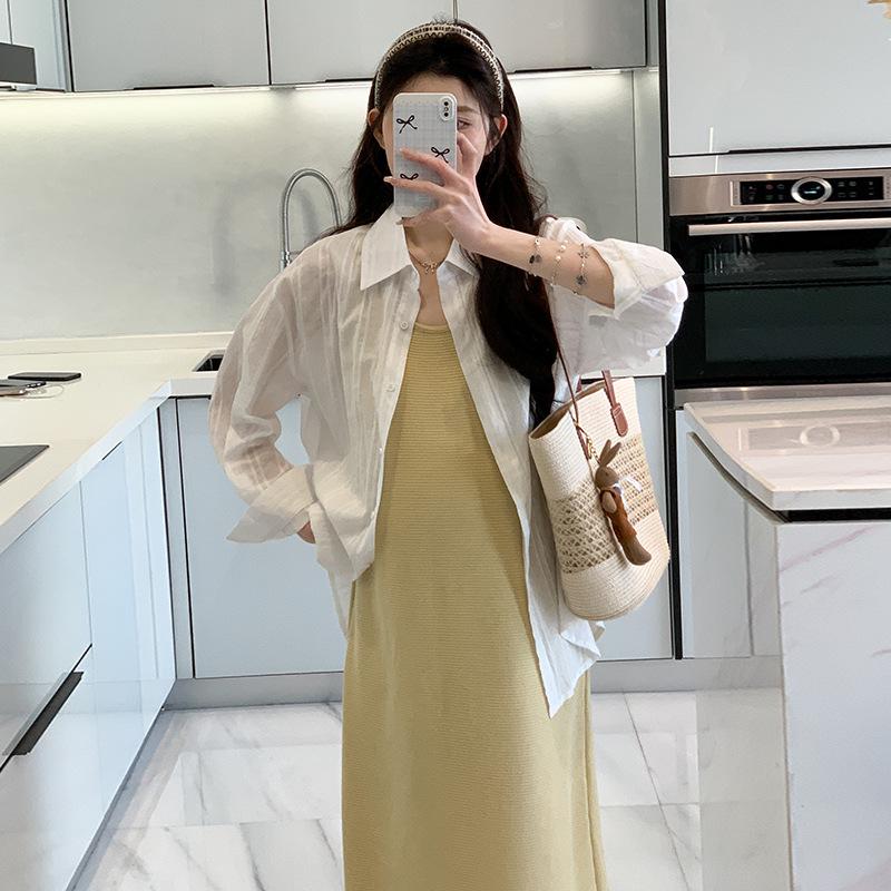 2026 Spring/Summer Korean Style Textured Camisole Dress & Sun Protection Shirt Two-Piece Set L