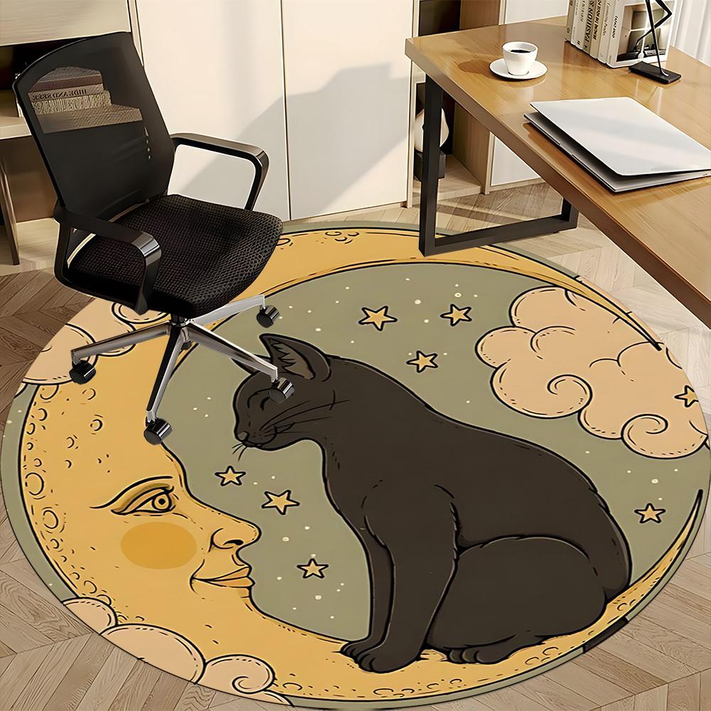 1pc Moon Cat Office Round Area Rug, Indoor Mat Suitable For Office, Under Office Chairs Bedroom Living Room Home Decor, Room Deco176