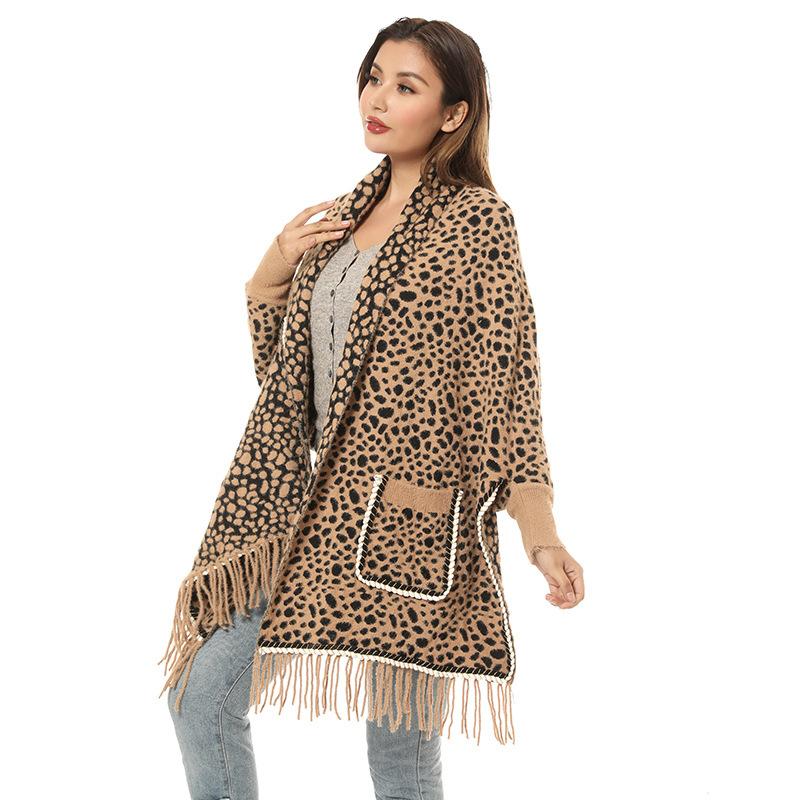 Knitted Shawl Women'S Pocket Cheongsam With Cardigan Cape And Leopard Print Shawl