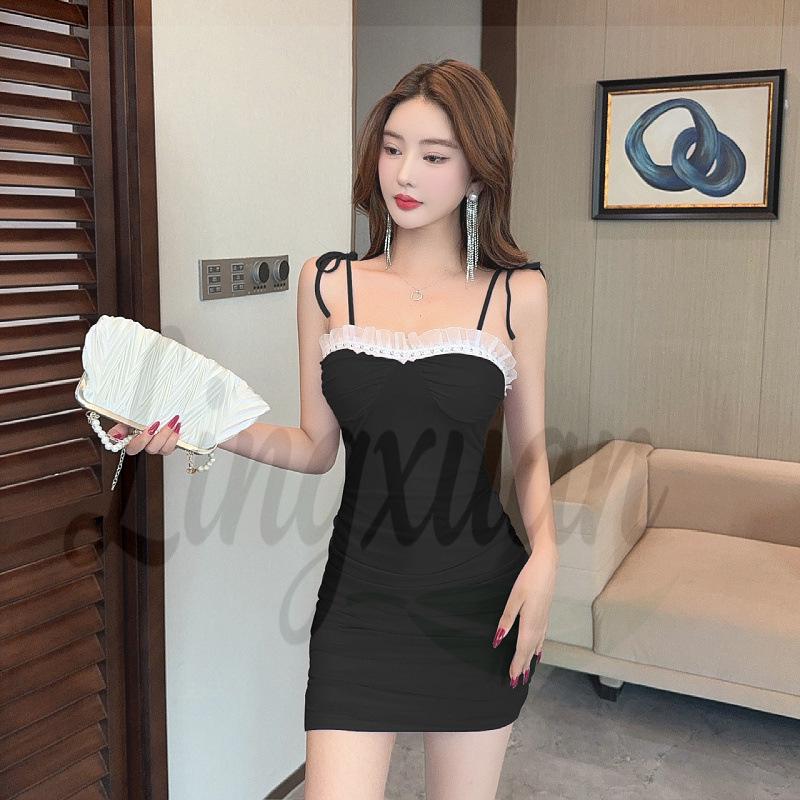 2026 Spicy Nightclub Lace Trim Bodycon Dress - Sweet & Stylish Spaghetti Strap Hip-Hugging Mini