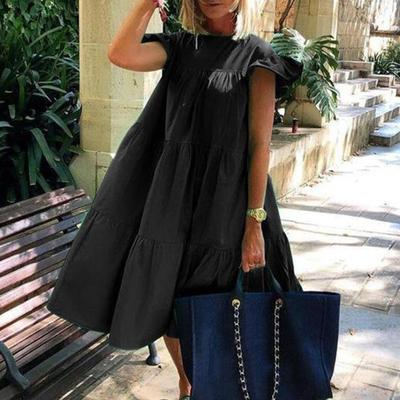 Women Summer Dress Round Neck Flying Sleeves A-line Big Swing Loose Patchwork Pleated Soft Vacation Beach Knee Length Midi Dress