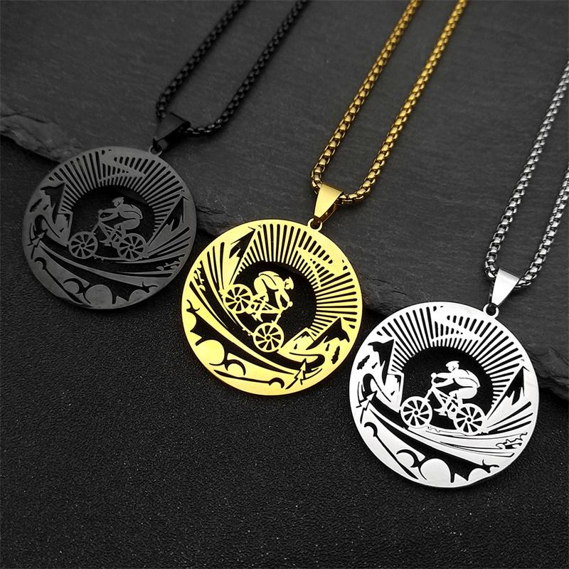 Cycling Man Road Pendant Necklace For Women Men Stainless Steel Gold Color Bicycle Sports Style Gap Travel Male Chain Jewelry