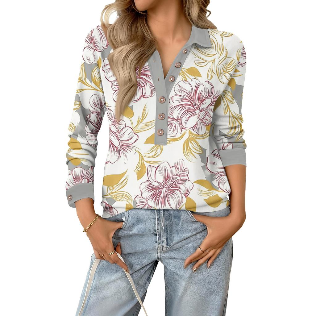 Women's Retro Street Lazy V,neck Long Sleeve Button Floral Print Pullover Top