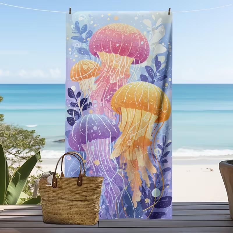 Magical Glowing Jellyfish Print Beach Towel Quick Dry Lightweight Absorbent Ocean Theme Design Towel for Summer Vacation Pool