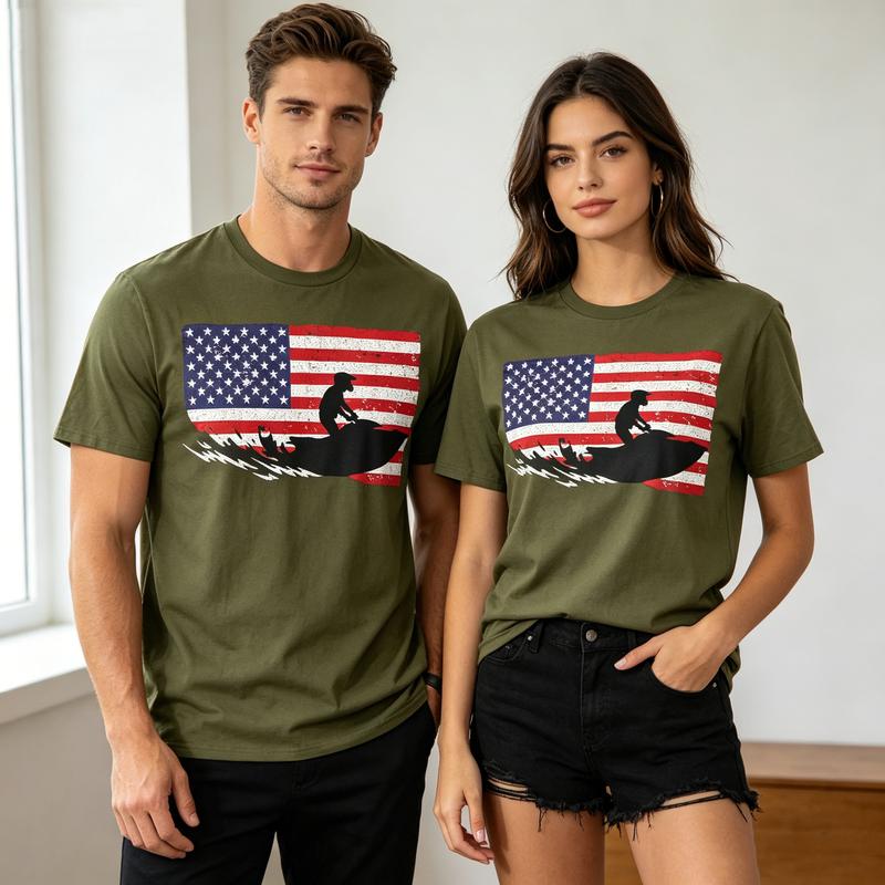 American Flag Jet Ski Graphic T Shirt Vintage USA Flag Jet Skiing Print Unisex Soft Cotton Crew Neck Short Sleeve Trendy Casual