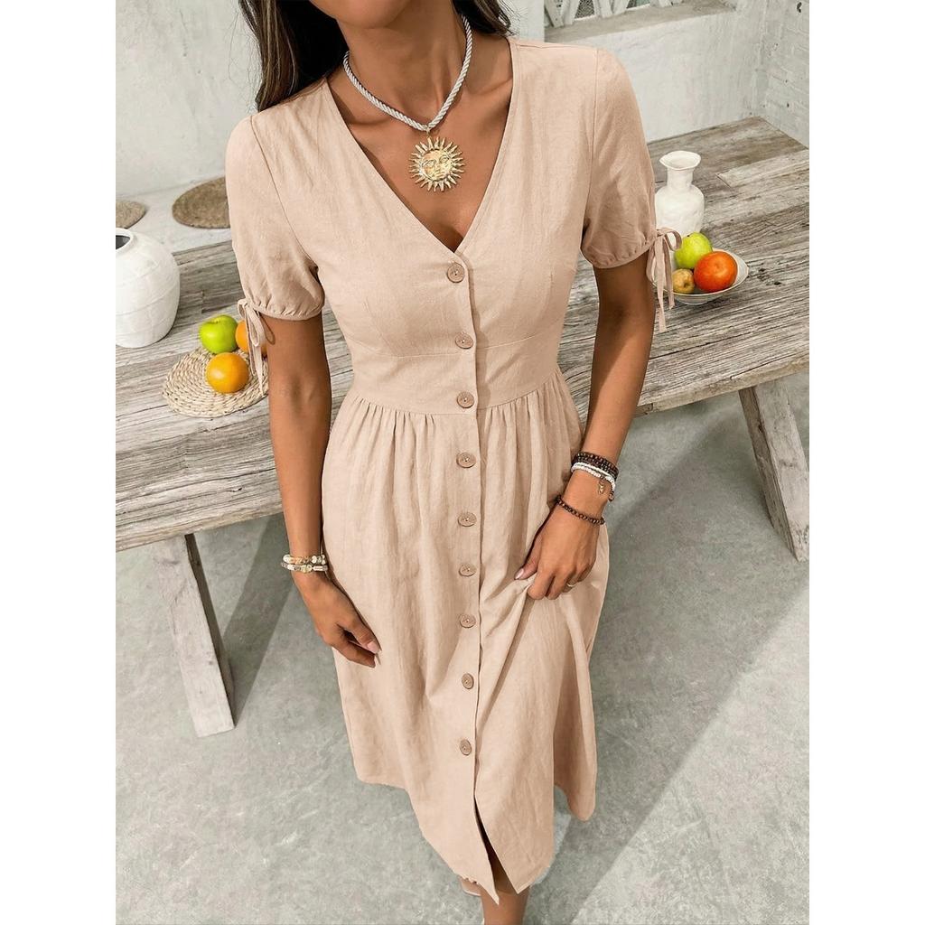 Summer Women's Solid V-neck Short Sleeve Casual Dress European American Style Beach Holiday Vacation Dress